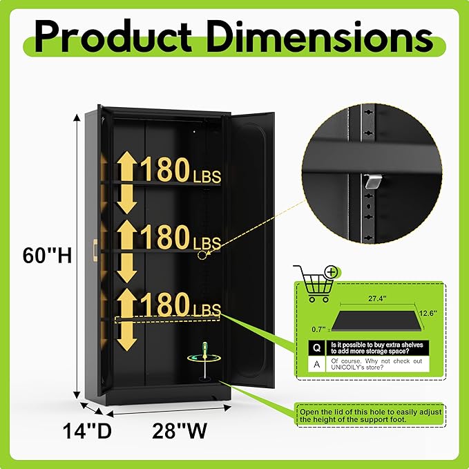 60" Kitchen Pantry Cabinet, Metal Storage Cabinet with Doors and Adjustable Shelves, Tall Steel Cabinets for Kitchen, Living Room, Dining Room, Assembly Required, Black