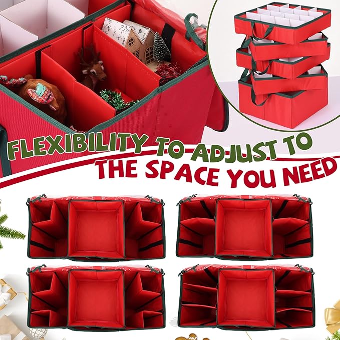 2-in-1 Christmas Ornament Storage Box & Xmas Figurine Container with Dual Zipper Closure Adjustable Dividers and Removable Trays Premium Christmas Ornament Storage Container, Red