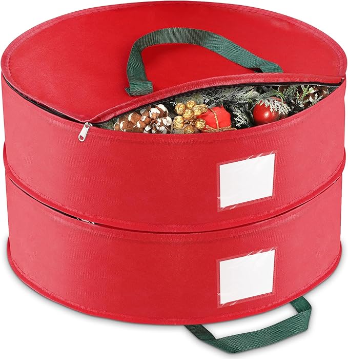 Wreath Storage Container， 2 Park Stacking Christmas Wreath Storage Bags with Dual Zipper and Handles, Dust, Pest Protection,Holiday Wreaths Storage Holder 36” (RED)