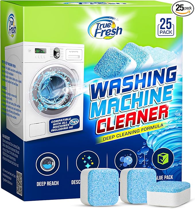 True Fresh Washing Machine Cleaner Tablets – 25-Pack Deep Cleaning for Front Load, Top Loader & HE Washers – Helps Remove Odor-Causing Residues, Pet Hair & Hard Water Buildups – Septic Safe
