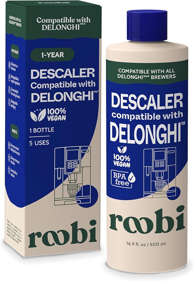 DeLonghi Compatible Descaling Solution. Clean & Descale your DeLonghi Coffee Maker. Single Bottle. Eco-Friendly Concentrated Formula. Carbon Neutral Cleaner Descaler Solution