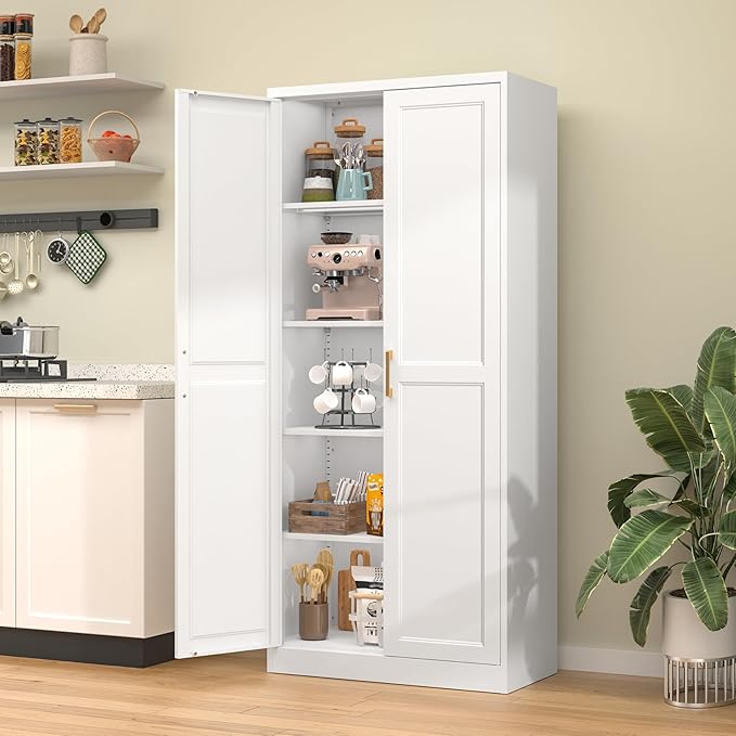 71" Kitchen Pantry Storage Cabinet,White Tall Storage Cabinet With Doors and 4 Shelves,Metal Food Pantry Cabinets for Kitchen Storage,Freestanding Cupboard for Dining Living Room,Assemble Required