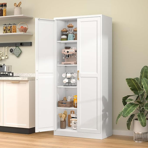 71" Kitchen Pantry Storage Cabinet,White Tall Storage Cabinet With Doors and 4 Shelves,Metal Food Pantry Cabinets for Kitchen Storage,Freestanding Cupboard for Dining Living Room,Assemble Required