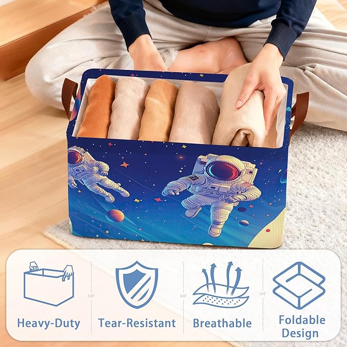 Astronaut Collapsible Storage Box,Planet Organizer Bin with Handles for Room Decoration,Bins Book Basket Box 17x11.5x10Inch