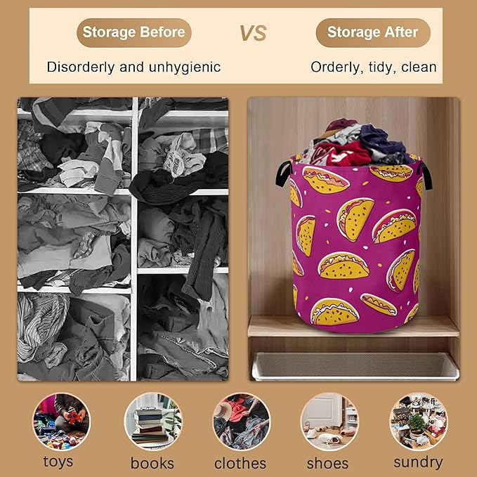 Cute Cartoon Taco Laundry Basket Foldable Laundry Hamper with Handles Oxford Cloth Storage Hamper for Clothes, Books, and Sundries16"x20.8"