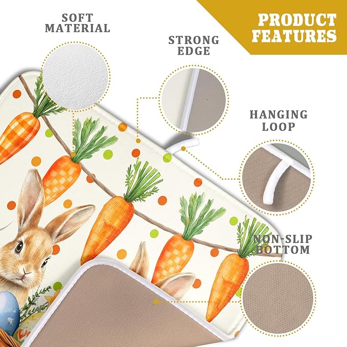 Giwawa Easter Bunny Dish Drying Mat Eggs Carrot Dishes Drainer Pad Absorbent Reversible Dish Rack Mat Protector for Kitchen Countertop 16x18 Inch