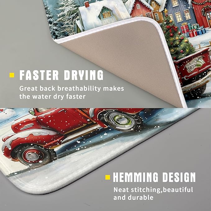 Christmas Dish Drying Mat for Kitchen Counter 18x16 Inch Xmas Red Truck Drying Mat with Absorbent Reversible Microfiber House Snowman Winter Dish Drainer Mats Rack Pad for Coffee Countertop Protector