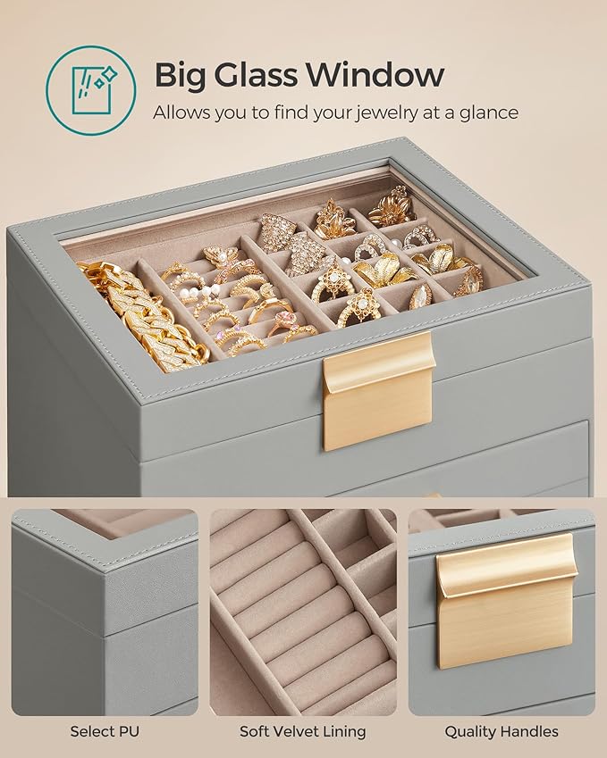 SONGMICS Jewelry Box Organizer with Glass Lid, 4-Layer Jewelry Storage, with 3 Drawers, Modern Style, 8 x 9.1 x 6.5 Inches, Dove Gray and Gold Color UJBC173G01