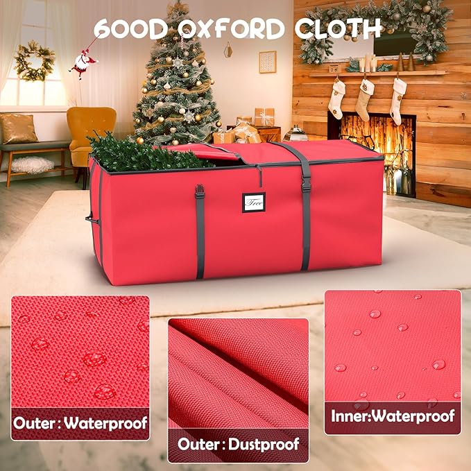 Mrrihand Christmas Tree Storage Bag, Large Artificial Christmas Tree, 9 Ft Anti-Tear Heavy-Duty 600D Oxford Cloth Christmas Tree Storage Box with Handles, Christmas Tree Storage Container (Red)