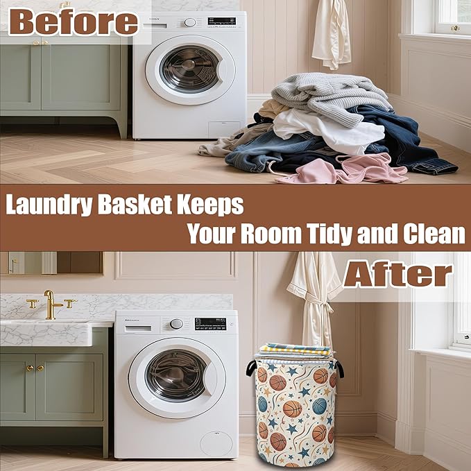 Basketballs Stars Laundry Hamper,Laundry Baskets,Waterproof Oxford Cloth Toy Storage for Bedroom,Bathroom,Nursery,16x20.8 Inch