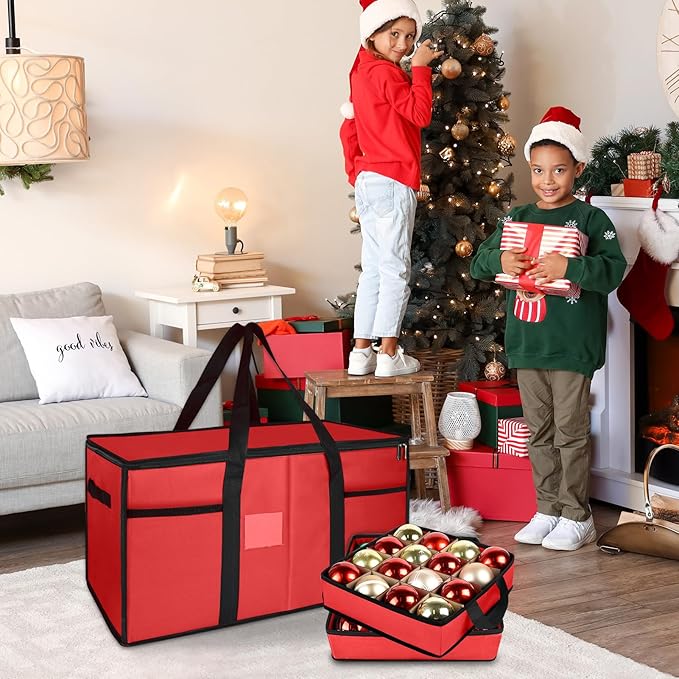 Christmas Ornament Storage Box with Dividers, Christmas Balls Storage Containers with Zipper & 8 Removable Trays, Holds Up to 128 Balls - 600D Oxford Christmas Decoration Storage Organizer (Red)