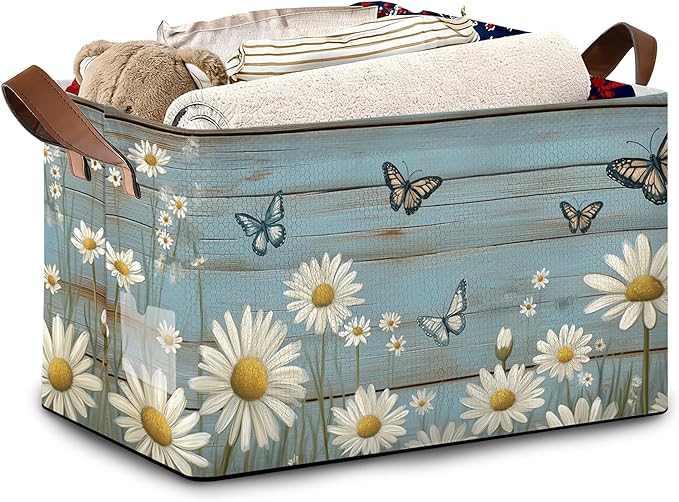 Vintage Daisy Wooden Storage Baskets,Butterfly Foldable Large Capacity Organizer Bins with Waterproof Lining and Leather Handles for Closet,Shelf,Bedroom 17x11.5x10Inch