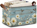 Vintage Daisy Wooden Storage Baskets,Butterfly Foldable Large Capacity Organizer Bins with Waterproof Lining and Leather Handles for Closet,Shelf,Bedroom 17x11.5x10Inch