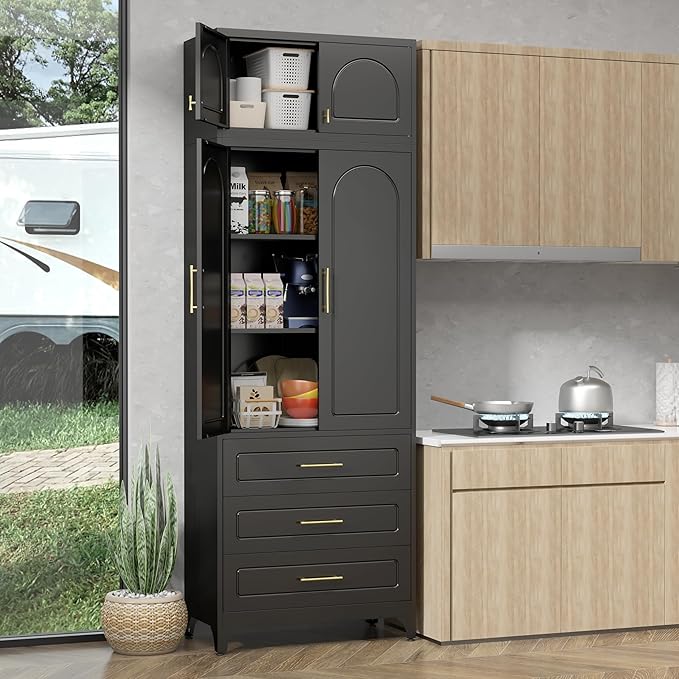 90" Pantry Kitchen Cabinet with Drawer, 75" Pantry Cabinets with 15" Cabinets, Freestanding Kitchen Storage Cabinet for Dining Room, Living Room, Alacena para Cocina, Assembly Required, Black