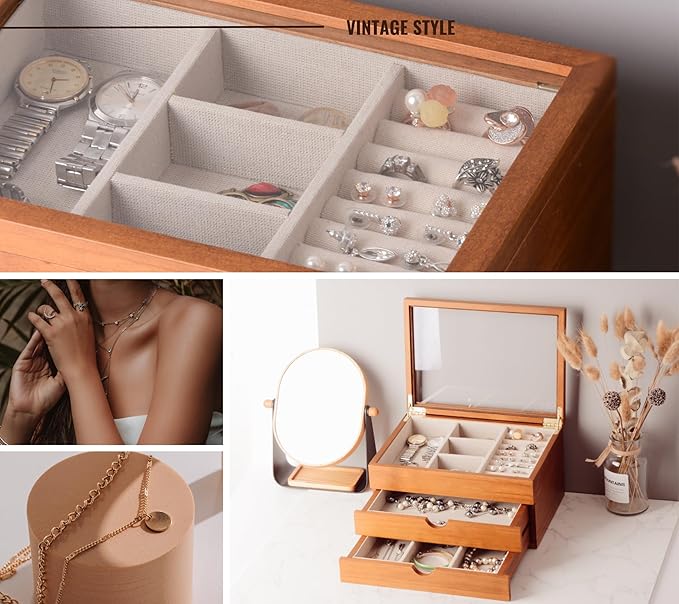 Jewelry Box with Glass Lid, 3 Layer Jewelry Organizer for Women, Solid Wooden Jewelry Box Display for Ring Earrings Necklace Bracelet, Pine Wood Jewelry Boxes Vintage Style for Gifts