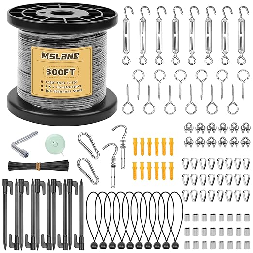 MSLANE 1/16" Black Wire Rope Kit 300FT 304 Stainless Steel Vinyl Coated with M5 Turnbuckles, 7x7 Strand Core Aircraft Cable for String Light, Picture Hanging, Clothesline, Curtain, and Plant Trellis