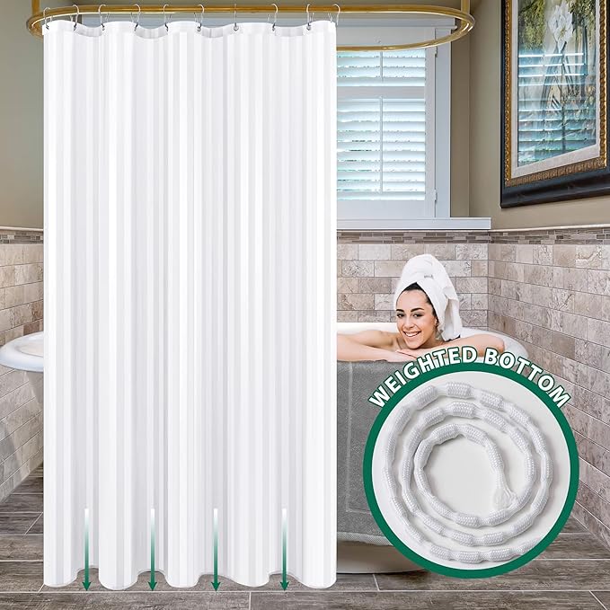 Biscaynebay Fabric Shower Curtain or Liner 72" X 72", White Water Repellent Damask Stripes Bathroom Curtains Machine Washable