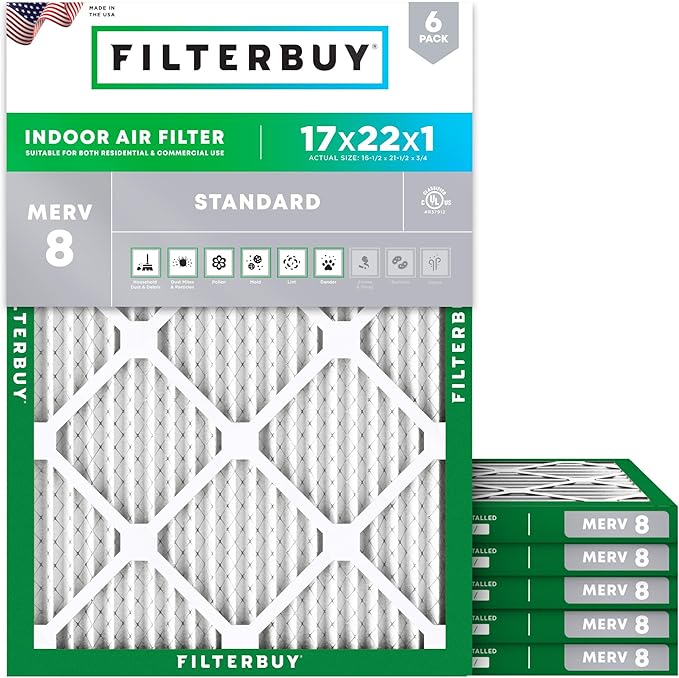 Filterbuy 17x22x1 Air Filter MERV 8 Essential Dust & Allergy Defense (6-Pack), Electrostatic Pleated HVAC AC Furnace Filters Replacement, Made in USA (Actual Size: 16.50 x 21.50 x 0.75)