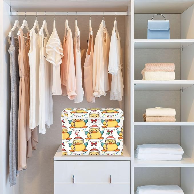 Christmas Duck Cute Pattern Storage Bins with Lids Foldable Storage Basket with Handles Collapsible Large Fabric Organizer Containers for Clothes Shelves Closet Office Home