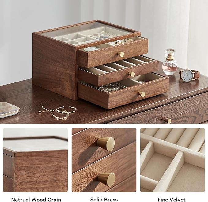 Homruilink Black Walnut Wooden Jewelry Box Women large 3 Layer Drawer Organizer Box with Glass Lid for Necklaces, Watch, Necklace, Ring, Earring Storage - Christmas Gifts