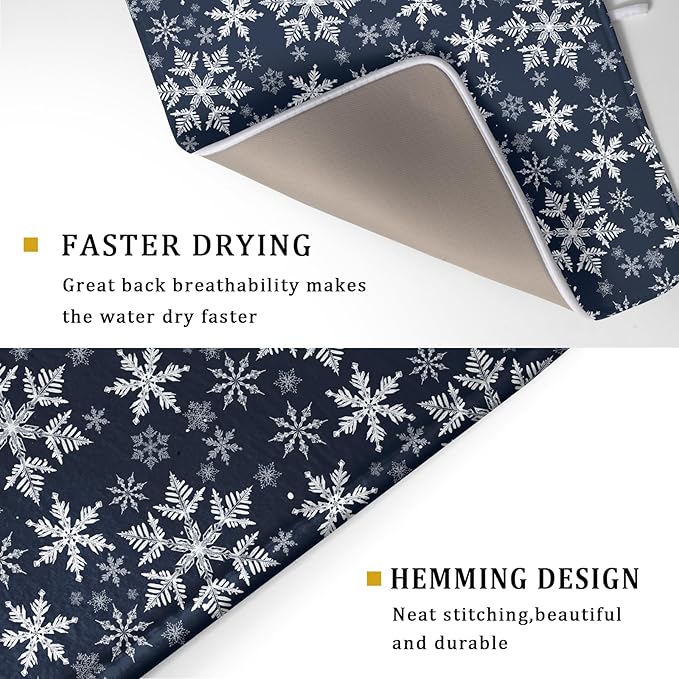 Christmas Dish Drying Mat for Kitchen Counter 24x18 Inch Xmas Snowflake Drying Mat with Absorbent Reversible Microfiber Blue Dish Drainer Mats Rack Pad for Coffee Countertop Protector