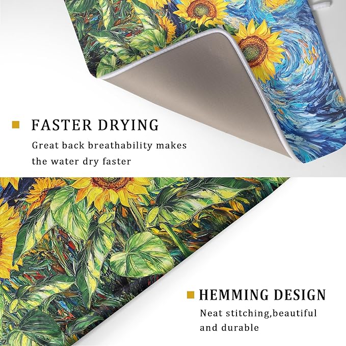 Sunflower Dish Drying Mat for Kitchen Counter 24x18 Inch Starry Night Drying Mat with Absorbent Reversible Microfiber Farmhouse Floral Dish Drainer Mats Rack Pad for Coffee Countertop Protector
