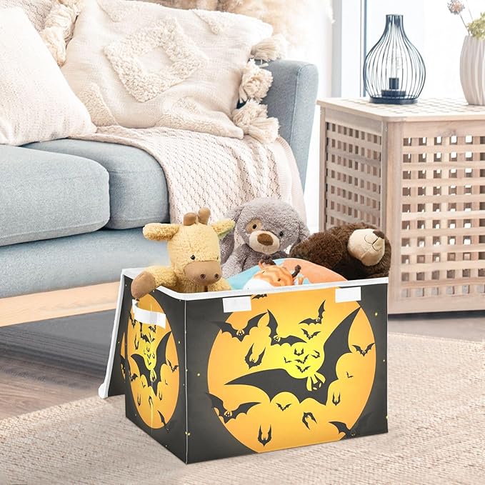 Halloween Storage Baskets Collapsible Storage Bins with Lids, Bat Pattern Storage Boxes Clothes Baskets for Organizing