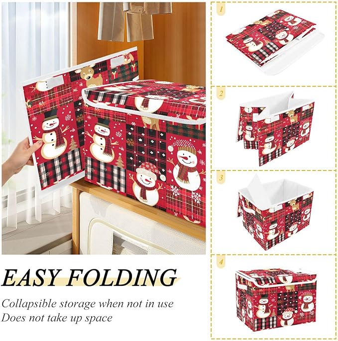 senya Christmas Baskets Collapsible Storage Bins with Lids, Red Christmas Plaid Snowman Storage Boxes Clothes Baskets for Organizing