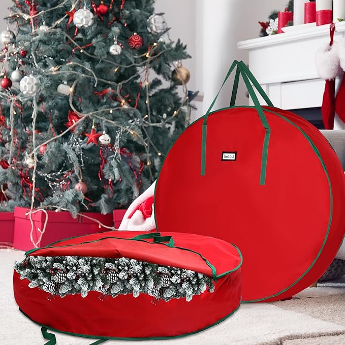 1 Pcs 60" Christmas Wreath Storage Bag Zippered Garland Holiday Container with Reinforced Handle Tear Resistant 600d Oxford Organizer Wreath Holder with Card (Red)