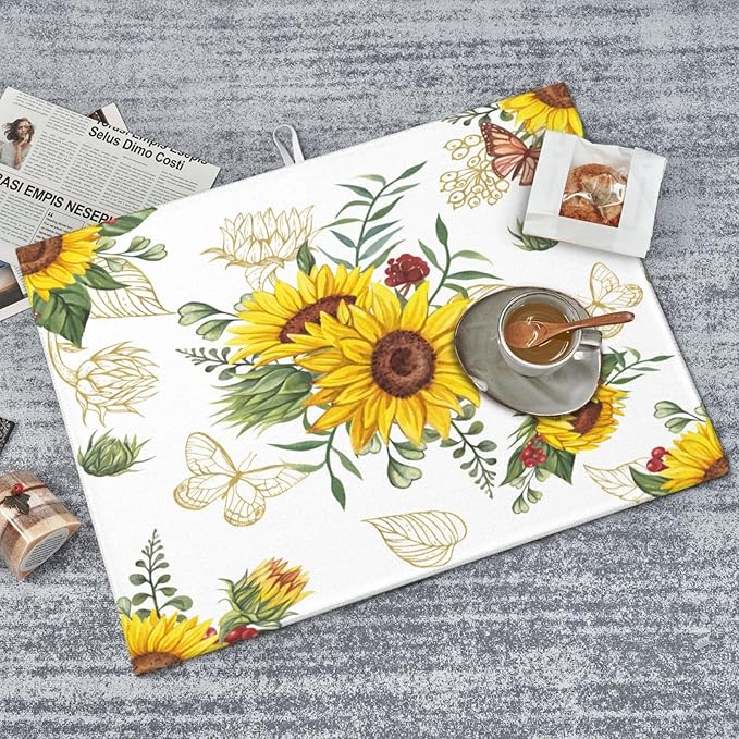 Sunflowers Dish Drying Mat Microfiber Kitchen Drying Mat Large Butterfly Dish Drying Mats for Kitchen Counter Absorbent Quick Drying Pad 18x24 Inch