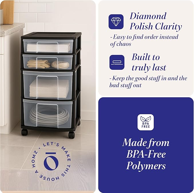 HOMZ Drawer Tower, 4-Tier Clear Plastic Storage Organizer Cart, Black Frame - Multi-Purpose Rolling Drawers with Wheels for Bedroom, Bathroom, and Office Organization