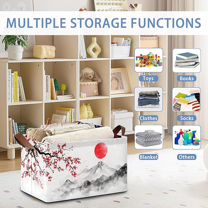Cherry Blossom Collapsible Storage Box,Red Sun Japan Organizer Bin with Handles for Room Decoration,Bins Book Basket Box 17x11.5x10Inch