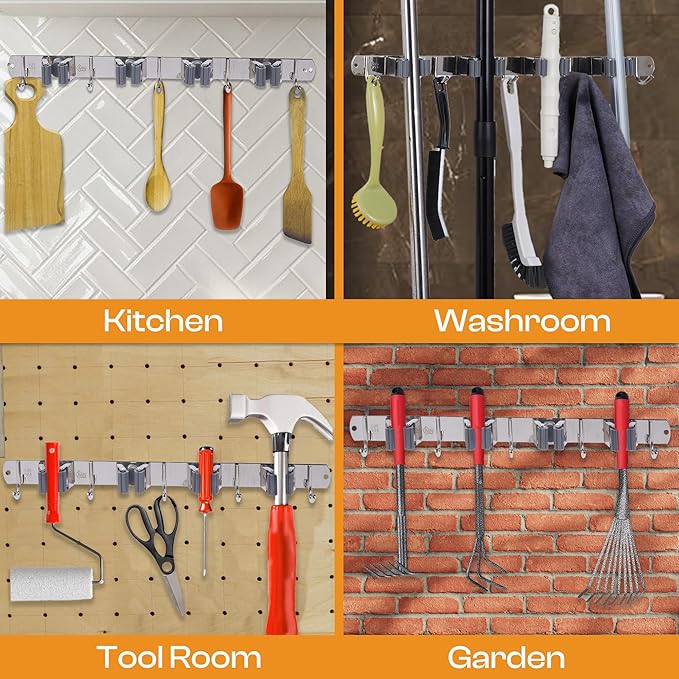 Heavy-Duty Stainless-Steel Broom Holder Wall Mount with 4 Racks and 5 Hooks | Rust Resistant Mop and Broom Hanger | Adjustable, Garage & Garden Tool Organizer | Silver Color