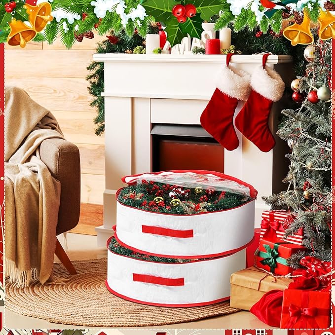 Aliceset 4 Pack Wreath Storage Containers, Christmas Ornament Garland Wreath Storage Bags with Handle Dual Zipper Large Decorative Storages Box for Winter Wreaths(24 x 24 x 7.8 Inch,White)