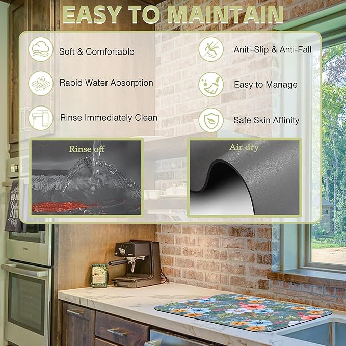 Dish Drying Mat Colorful Hand Draw Flowers Kitchen Mat 12"x19" Bsorbent Coffee Maker Mat for Dishes Utensils Coffee Maker Pots and Pans Easy Clean Dish Slip Resistant Pad