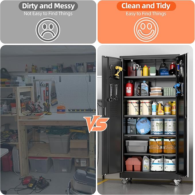 Garage Storage Cabinet with Wheels & Pegboard, Lockable Metal Storage Cabinet with Doors and 5 Adjustable Shelves for Garage, Home, Storage, Assembly Required, Black, 71" H×34" W×18" D