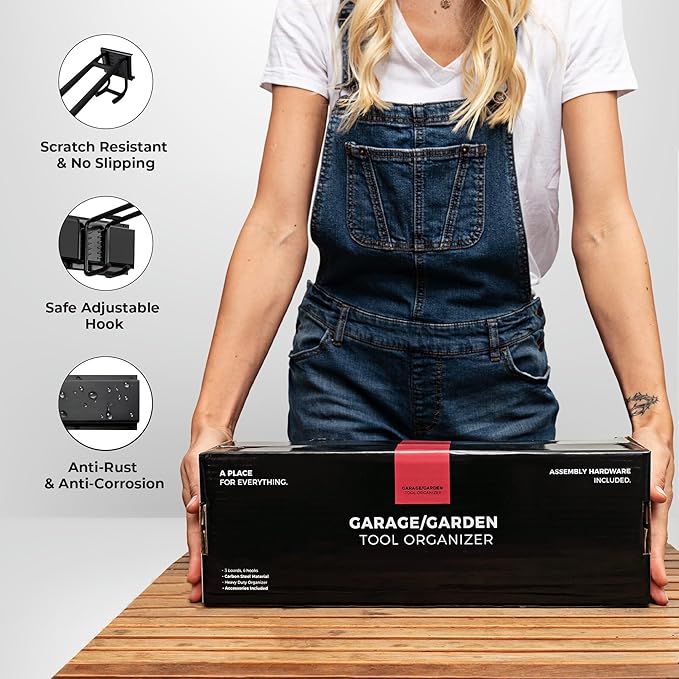 TIDYME Garage Wall Organizer | 48" Heavy-Duty Tool Storage Rack | Adjustable Double-Layer Hooks | 300 lbs Capacity | Carbon Steel Wall Mount Holder for Shovels, Rakes, Ladders & Power Tools