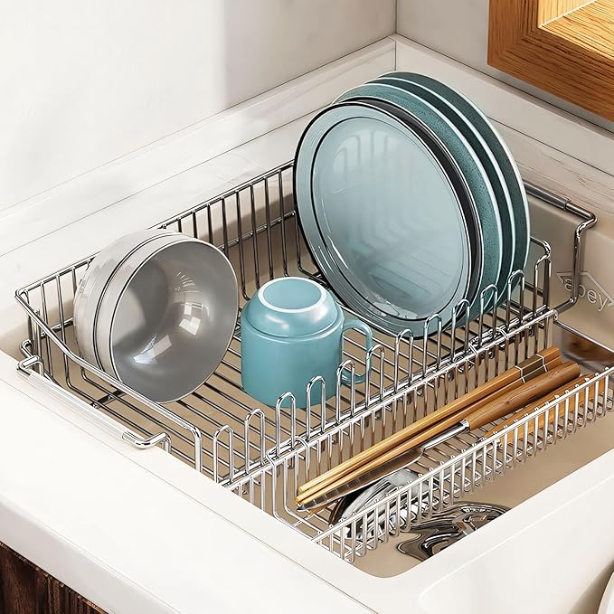 TABABAO 304 Stainless Steel Over Sink Counter Top Perfect Dish Drainer, Extendable Drainage Basket Drying Rack for Fruit, Vegetables, and Dishes - Corrosion-Resistant, Space-Saving