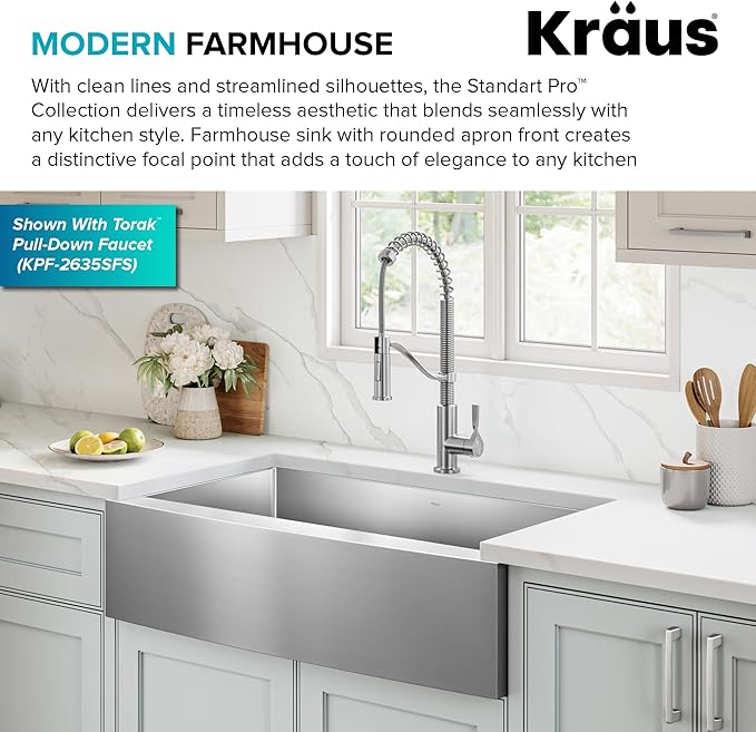 Kraus KHF200-36 Standart PRO Kitchen Stainless Steel Sink, 36 Inch Round Apron Single Bowl