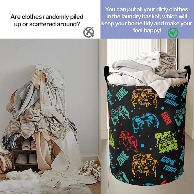 Laundry Basket,Color Game Console Large Canvas Fabric Lightweight Storage Hamper Organizer Dirty Clothes Collapsible Waterproof for College Dorms,Bathroom