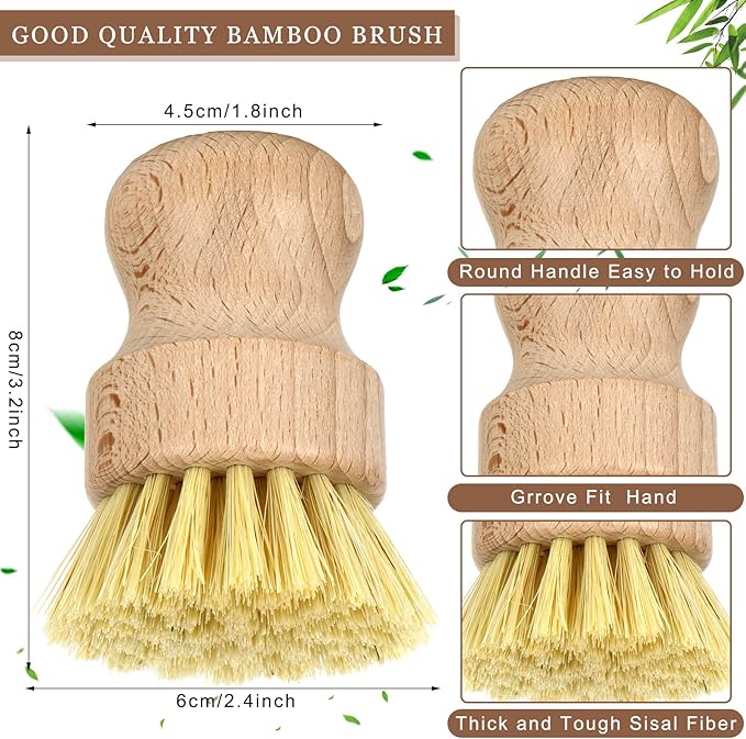 12 Pcs Bamboo Dish Brush, Wooden Scrubber Sisal Bristle Kitchen Wood Brushes for Cleaning Mini Dish Scrubber for Food Pan Pot Sink Fruit and Vegetable Wash