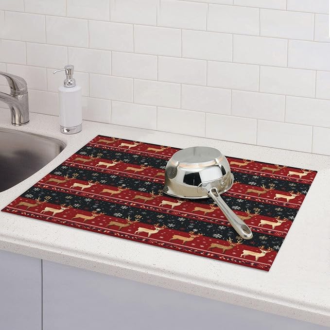 Christmas Reindeer Dish Drying Mat for Kitchen Counter Microfiber Super Absorbent Non-Slip Dish Drying Pad for Countertops Dishes Utensils Stylish Quick-Dry Machine Washable 18x24 Inch