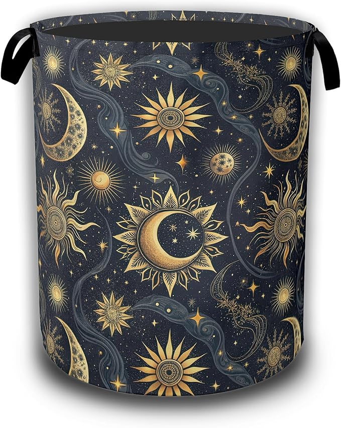 Celestial Golden Sun Moon Laundry Hamper,Laundry Baskets,Waterproof Oxford Cloth Toy Storage for Bedroom,Bathroom,Nursery,16x20.8 Inch
