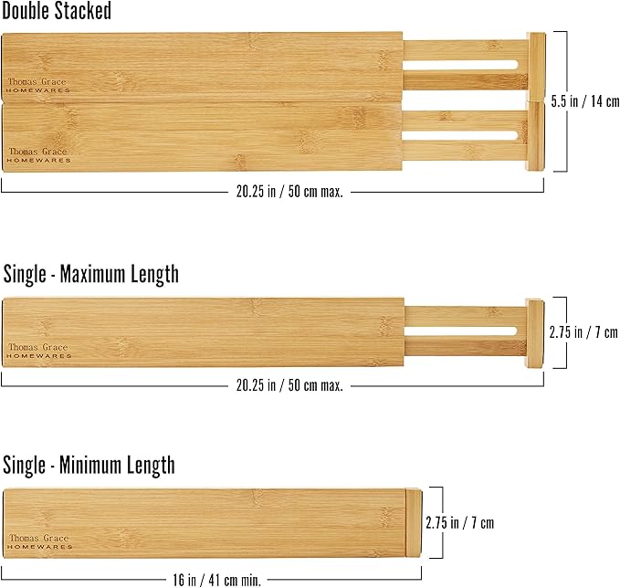 Thomas Grace Homewares Bamboo Kitchen Drawer Organizer Divider Stackable for Deep Drawers. (Set-of- 4) Spring Loaded Dividers that are Expandable & Adjustable. Kitchen Organizer.