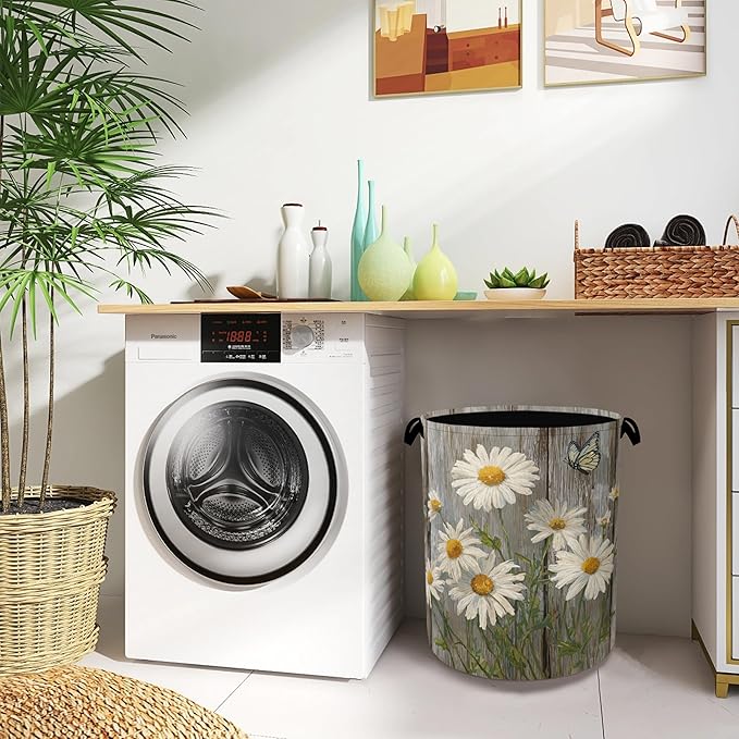 Vintage Daisy Laundry Basket,Wooden Butterfly Oxford Cloth Laundry Hamper with Handle Foldable Portable Clothes Storage Basket for Bathroom Bedroom Dorm Room 16" x 20.8"