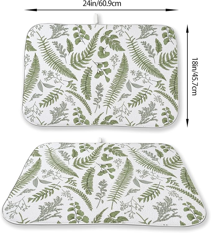 Sage Green Herb Leaves Dish Drying Mat 18 x 24 Inch Vintage Sage Green Leaf Plant Drying Mat for Kitchen Counter Absorbent Spring Summer Botanical Dishes Dry Pad for Drainer Rack Kitchen Fast Dry