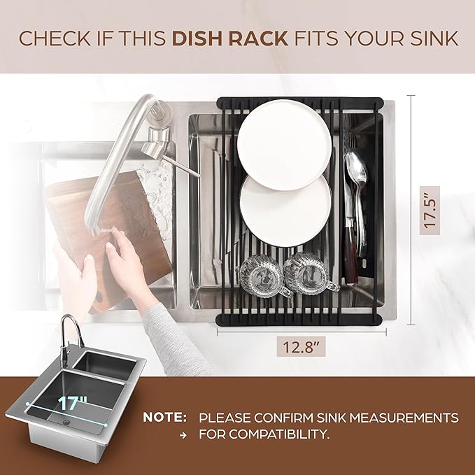 BELLE TERRE Multipurpose Roll-Up Dish Drying Rack - Silicone Wrapped, Heat-Resistant, Anti-Slip - Perfect for Small Kitchen Sink, 17" x 13"