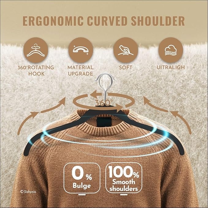 SIshynio 30 Pack Velvet Shirt Hangers, Non-Slip Slim Flocked Clothes Hanger with 360° Swivel Hook, Space-Saving Felt Hangers for Coats, Sweaters, Blouses, Tank Tops(Black)