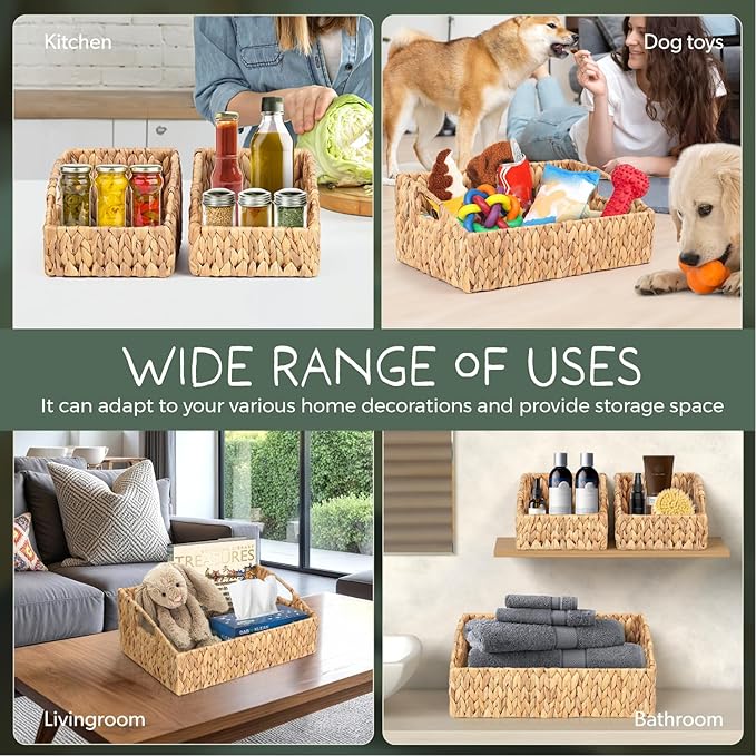 Set of 3 Handwoven Water Hyacinth Storage Baskets – Decorative Natural Wicker Organizer Bins with Built-in Handles for Bathroom, Kitchen, Pantry, Nursery, Closet, Laundry, Living Room, and Home Use