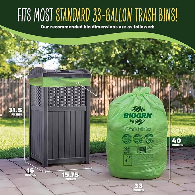 BIOGRN 30-33 Gallon Compostable Trash Bags Flat-Top 30 Bags Heavy Duty1.57 Mil, 124.92 Liter Large Lawn and Yard Waste Bag green for Outdoor Garden ASTM D6400, US BPI and OK Compost Home Certified